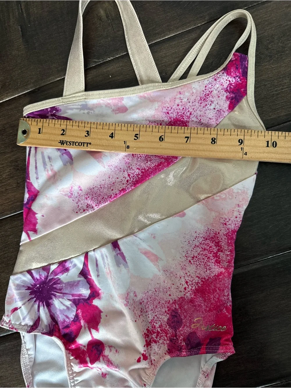 💜3/$15 Justice Girls Floral Foil Gymnastics Leotard Pink Purple Gold XS(5/6)